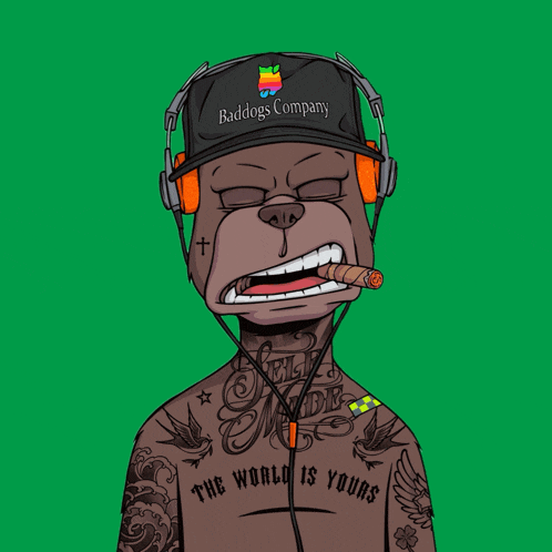 a cartoon drawing of a man with tattoos and a hat that says baddogs company on it