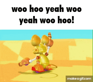 a picture of a cartoon character with the words woo hoo yeah woo yeah woo hoo