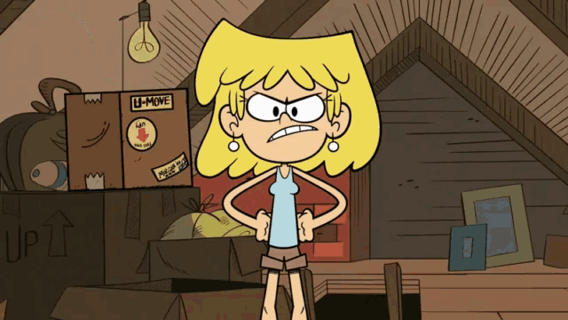 lori from the loud house is standing in an attic