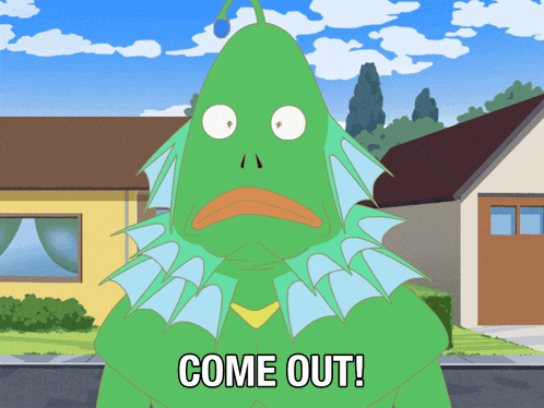 a green cartoon character says come out in front of a yellow house