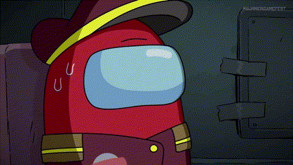 a red among us character is wearing a hat