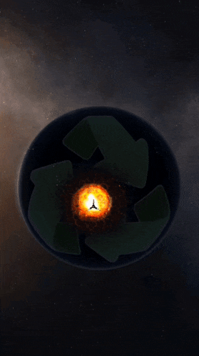a yellow background with a circle of fire and smoke