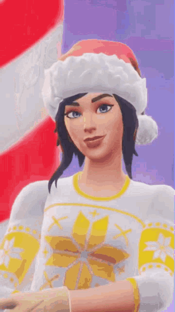 a girl wearing a santa hat and a sweater is standing in front of a candy cane .