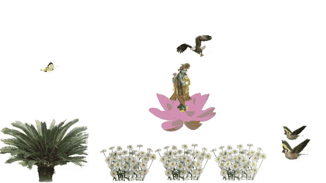 a painting of a woman standing on a pink flower with birds flying around her
