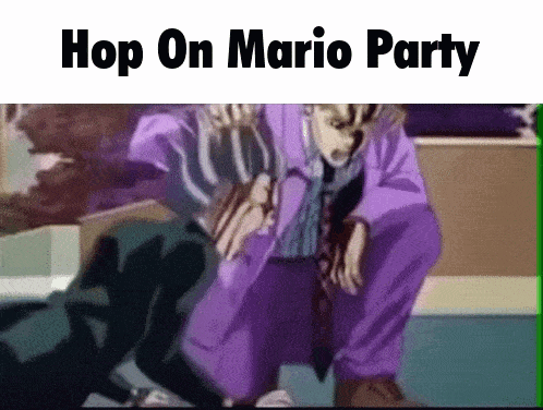 a man in a purple suit is squatting down with the words `` hop on mario party '' below him .