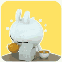 a cartoon rabbit is drinking milk from a box next to a cup of coffee