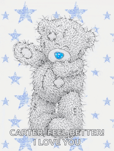 a teddy bear with a blue eye says " carter feel better ! i love you "