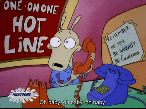 a cartoon character talking on a phone with the words oh baby oh baby oh baby on the bottom