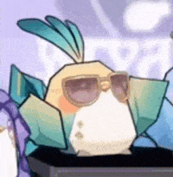 a cartoon bird wearing sunglasses is sitting on top of a box .