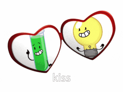 a heart with a green tube and a light bulb inside of it with the word kiss below them
