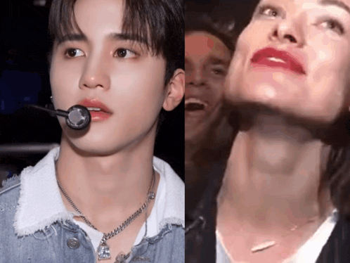 a man with a microphone in his mouth and a woman with red lips