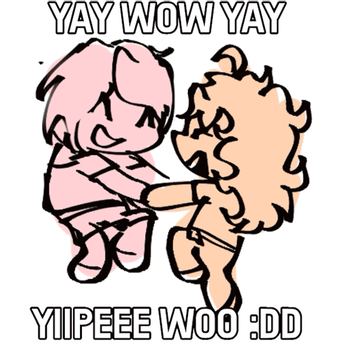 a cartoon of two girls with the words yay wow yay yiipee woo dd