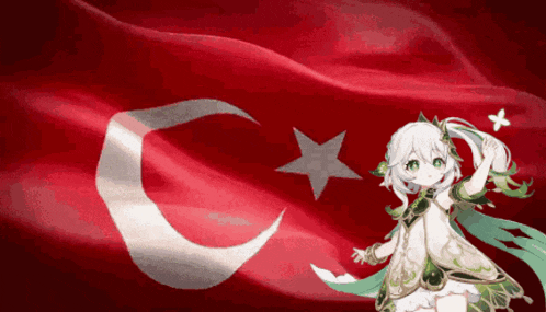 a girl in a white dress stands in front of a red flag