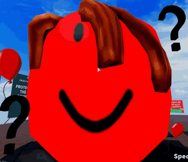 a red smiley face with brown hair and a question mark