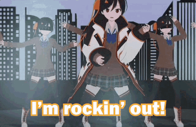 a girl in a school uniform is dancing with the words i 'm rockin ' out behind her