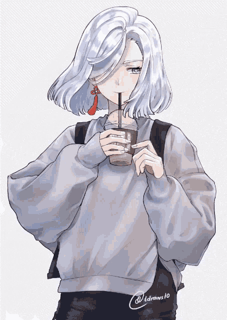 a drawing of a girl drinking from a cup with a straw has the number 10 on the bottom