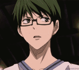 a close up of a person wearing glasses with green hair