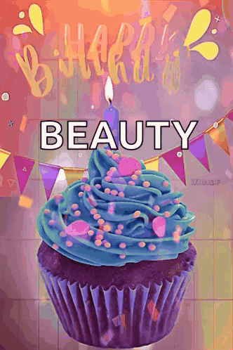 a birthday cupcake with blue frosting and sprinkles and a candle that says beauty