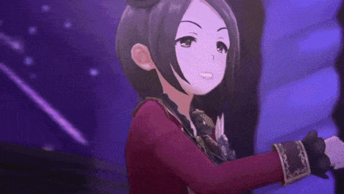 a girl in a red jacket is standing in front of a purple background