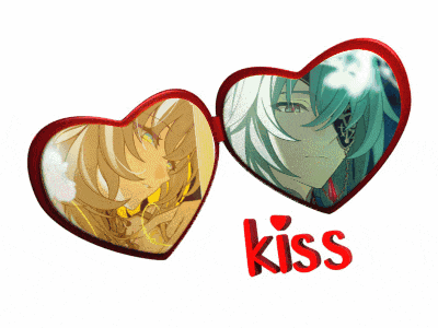 two hearts with a picture of a girl and the word kiss below them