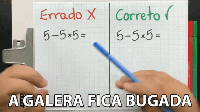 a person is pointing at a math problem that says " erredo x " and " correto "