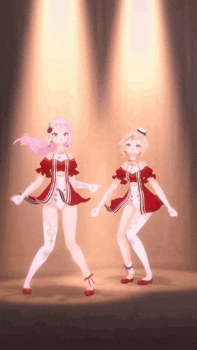 two anime girls are dancing on a stage in front of a spotlight