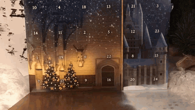 a harry potter advent calendar with a castle in the background