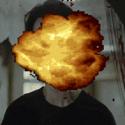 a pixel art of a man with a flame coming out of his mouth