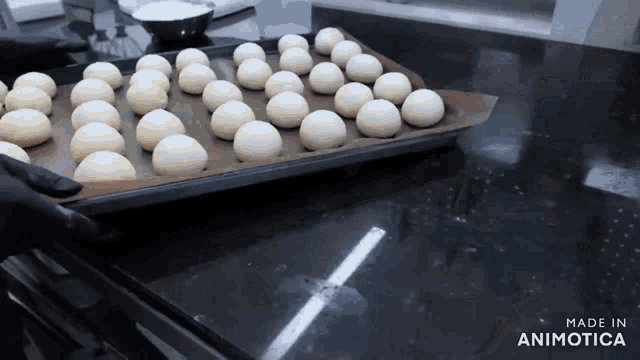 a bunch of dough balls on a tray that says made in animatica on the bottom