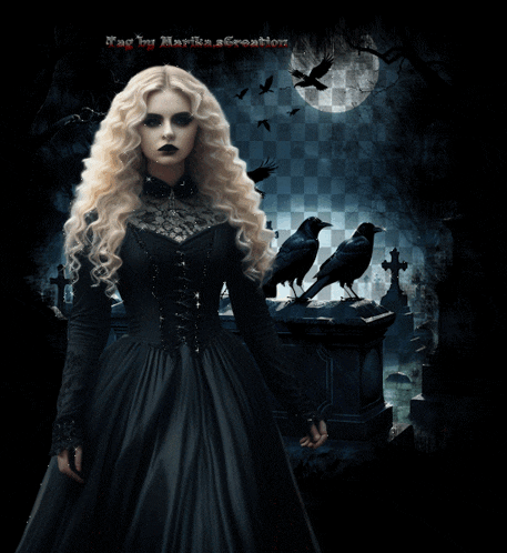 a woman in a black dress stands in a cemetery