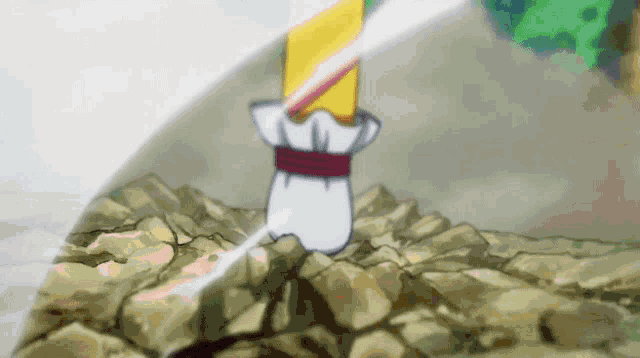 a cartoon character is standing on a pile of rocks with a sword in her hand