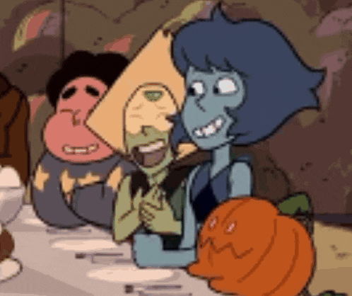 a group of cartoon characters are sitting at a table with a pumpkin in the foreground .