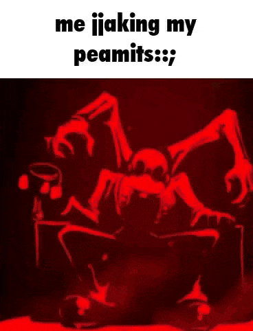 a red spider is sitting on a red surface with the words `` me jiaking my peanuts '' .