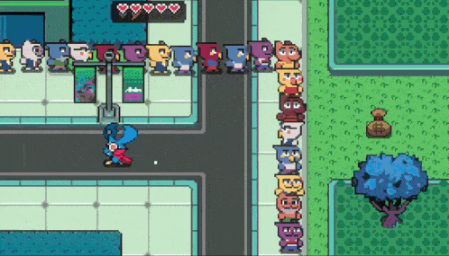 a video game shows a bunch of cartoon characters on a street and a tree