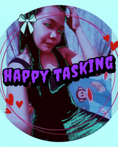 a picture of a girl with the words happy tasking
