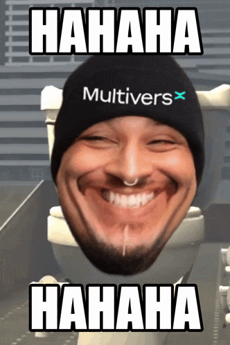 a man wearing a hat that says multivers laughs while sitting on a toilet