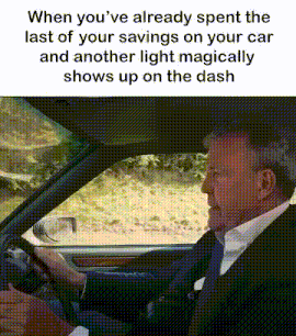 a man in a suit is driving a car with the caption when you 've already spent the last of your savings on