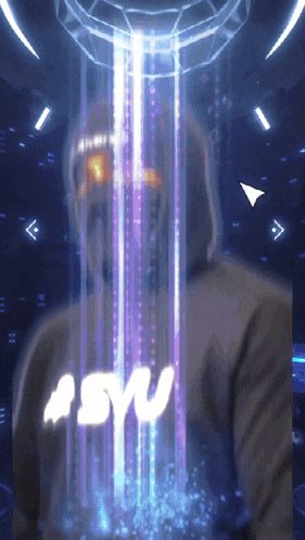 a man in a hooded jacket is standing in front of a purple and blue light that says # syu