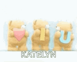 three teddy bears are standing next to each other holding letters u and u .