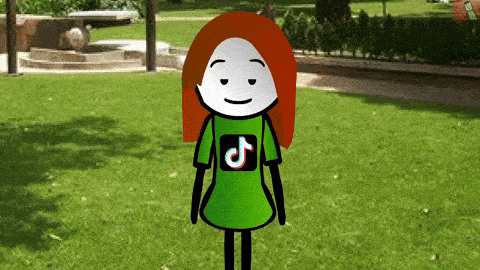 a cartoon girl with red hair is wearing a green shirt with a tik tok logo on it