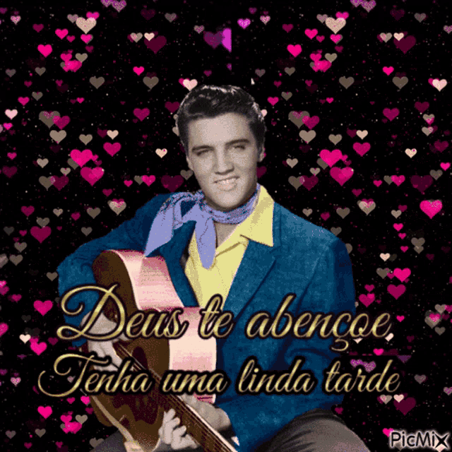 a picture of elvis presley holding a guitar with hearts in the background