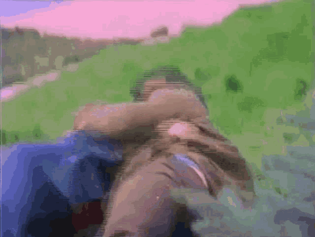 a blurry picture of a person laying on a grassy hillside