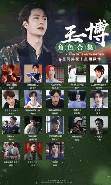 a poster for xingwenjiemi wangyibo shows many pictures of a young man