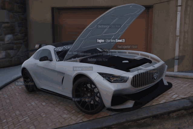 a white sports car with the hood up and the words engine - use new