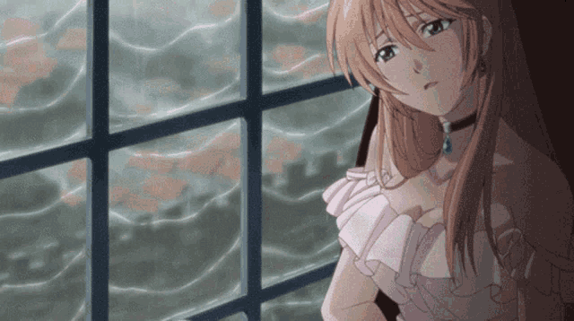 a girl in a white dress looking out a window