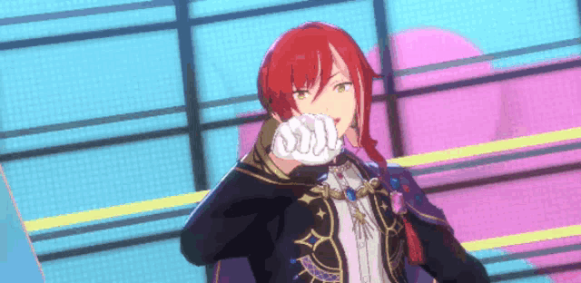 a cartoon character with red hair is pointing at the camera