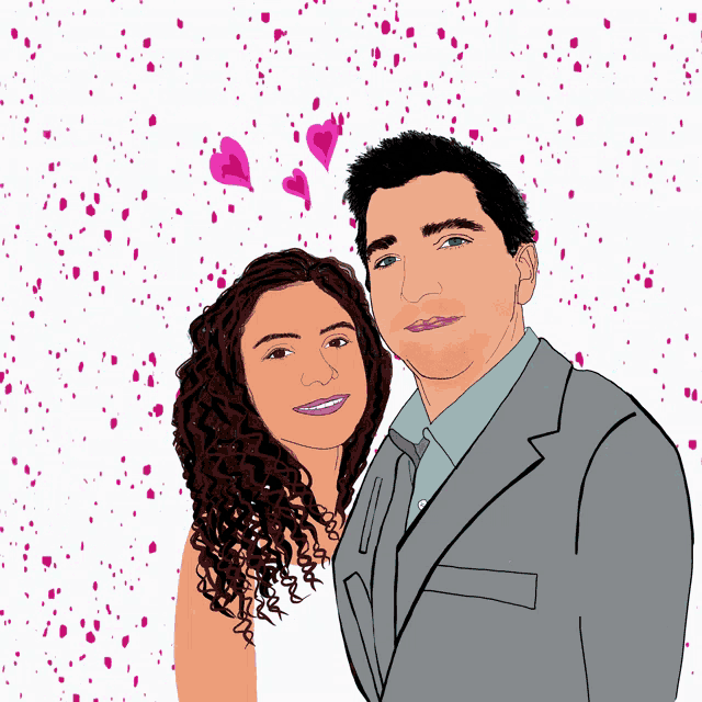 a man and a woman are posing for a picture with pink hearts in the background