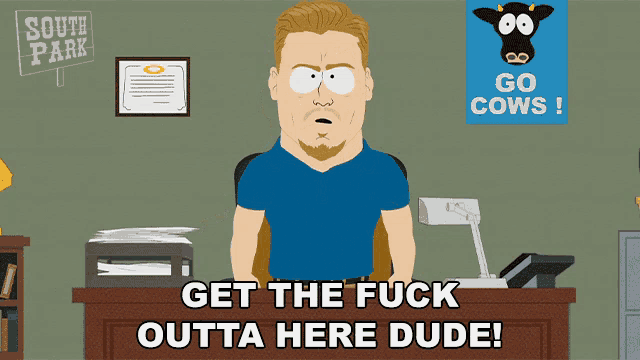 a cartoon of a man sitting at a desk with a sign that says south park