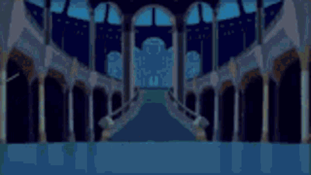 a man and a woman are dancing in a room with arches .