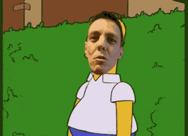 a cartoon of a man dressed as homer simpson standing in front of a house